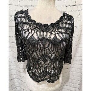 NWT Sioni black and silver crochet 3/4 sleeve top with a boho style XS/Small.